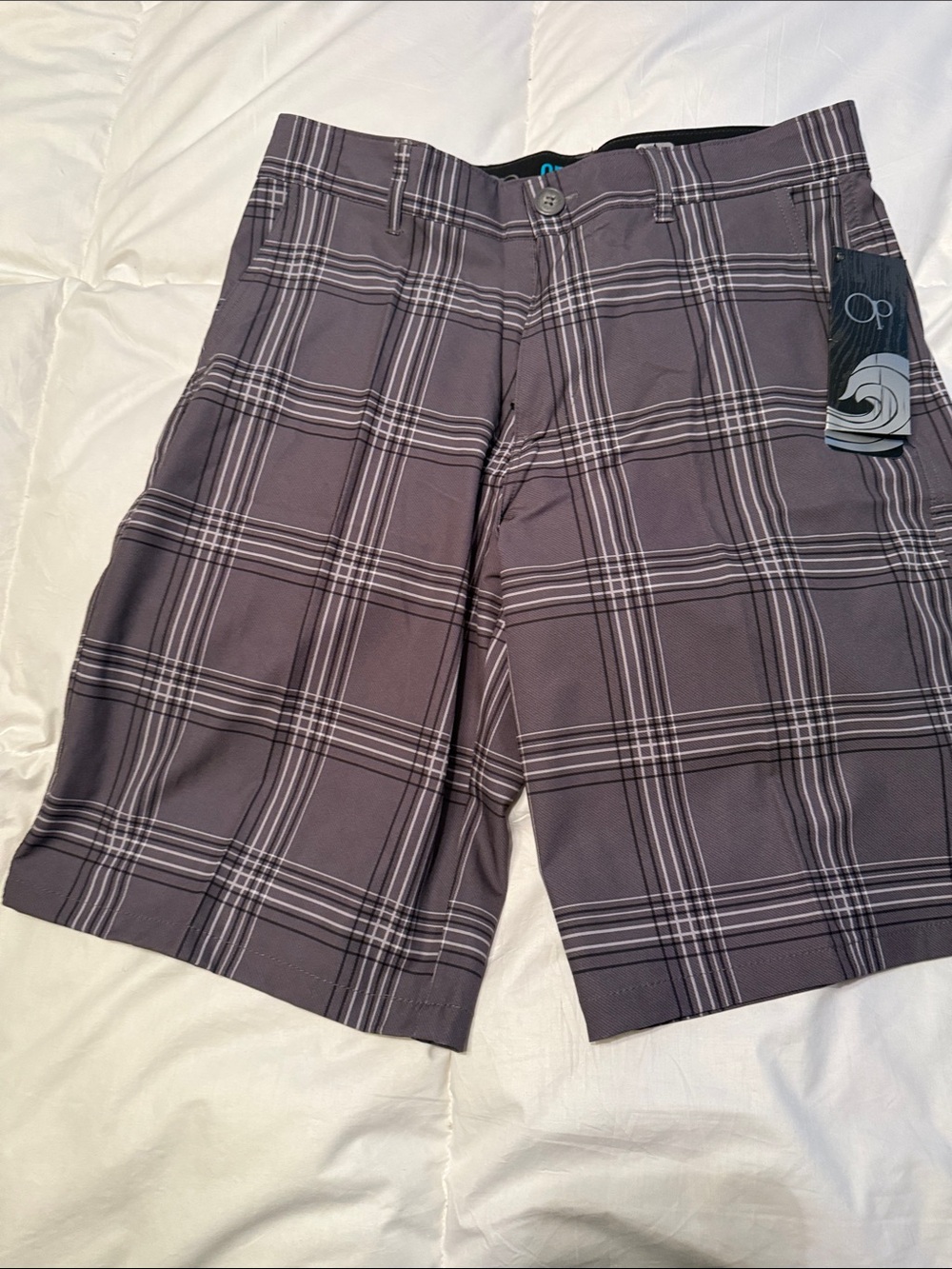 OP Men’s Plaid Flat Front Shorts - Gray with White Stripes